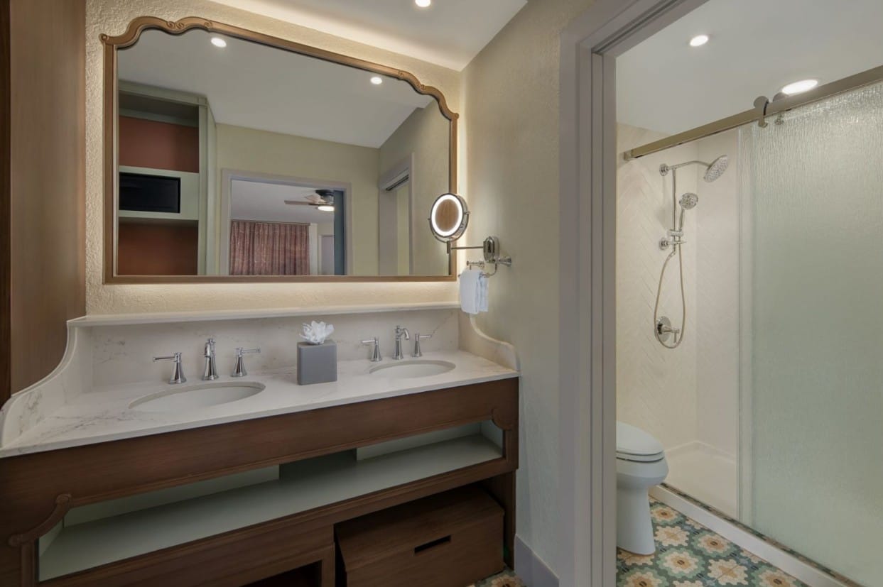 Bathroom and sink area in Port Orleans French Quarter's upgraded room