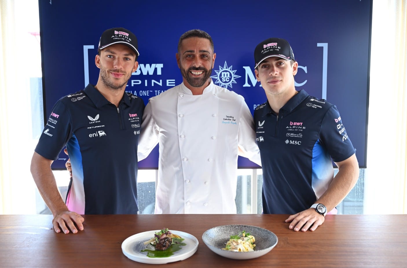 MSC chef Pasquale Puziello with Pierre Gasly and Franco Colapinto