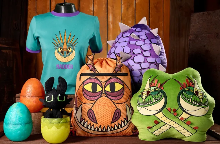A selection of merchandise from Epic Universe's How to Train Your Dragon Isle of Berk 