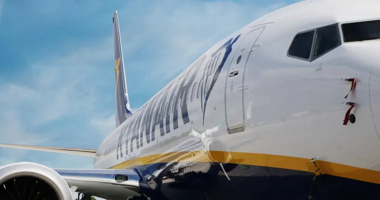 A closeup of a Ryanair plane