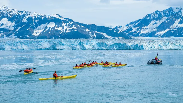 Seabour Cruises guests kayaking in Alaska